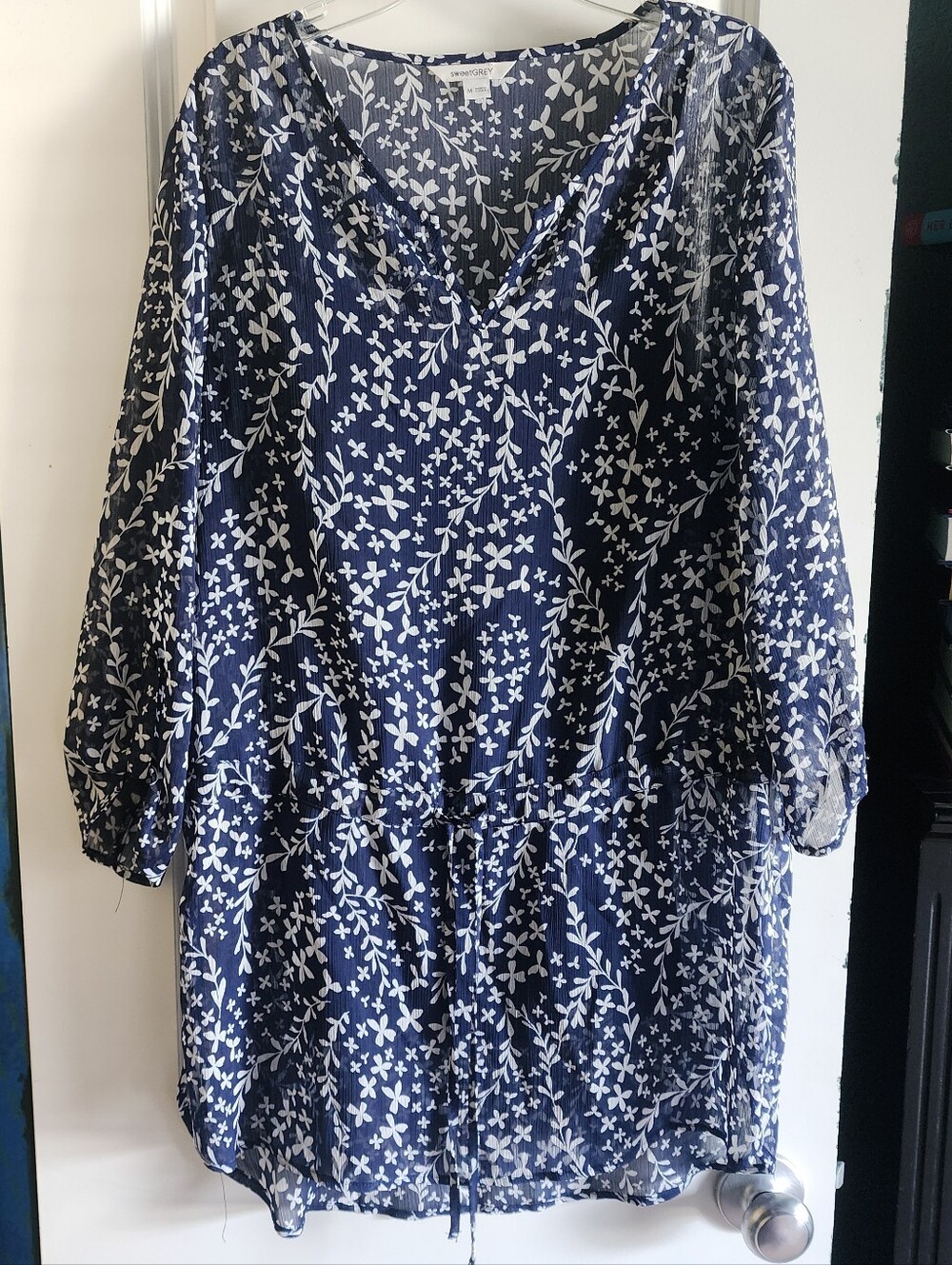 sweetGREY Navy/White Floral Sheer Top With Spagetti Strap Navy Under Top